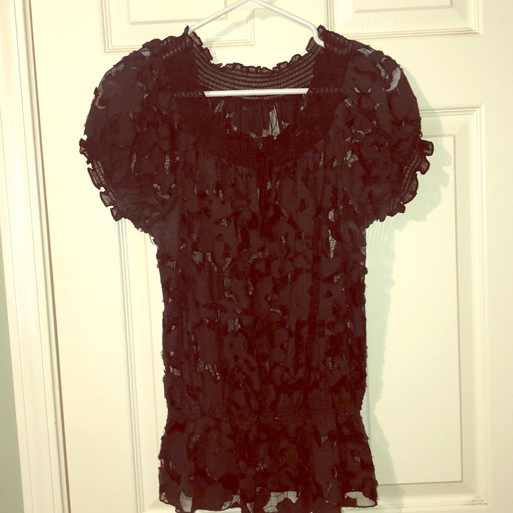 Black sheer lace floral blouse